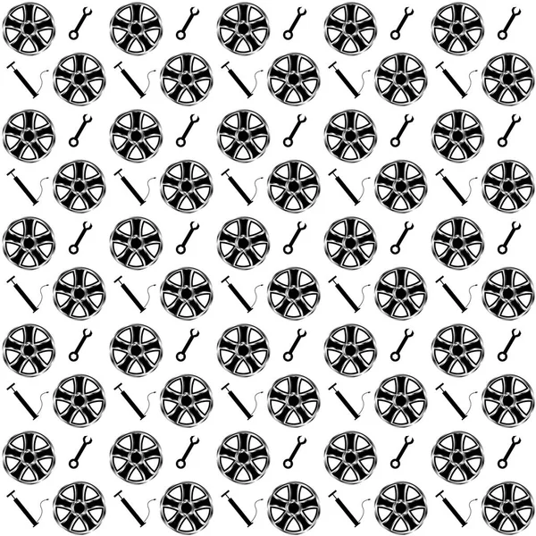 Vektör çizim seamless modeli jantlar degrade metal parçalar, anahtarları ve beyaz bir arka plan üzerinde otomobil Pompalar