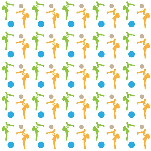 Ilustração vetorial padrão sem costura de meninas em laranja e verde com uma criança em seus braços e bolas azuis e marrons em um fundo branco — Vetor de Stock