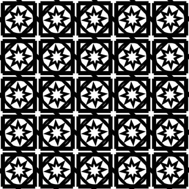 vektör illüstrasyon soyut tasarım sorunsuz doku kareler, yıldız, daireler siyah kontur satırları beyaz arka plan üzerinde