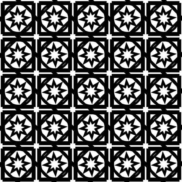 vektör illüstrasyon soyut tasarım sorunsuz doku kareler, yıldız, daireler siyah kontur satırları beyaz arka plan üzerinde