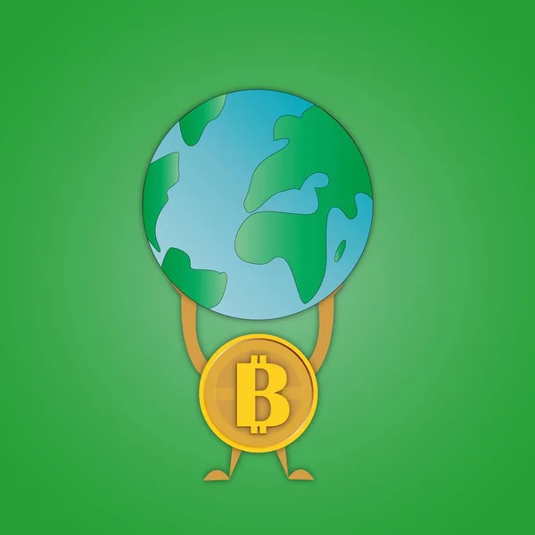 Vektorový obrázek mince bitcoin se symbolem uprostřed, který drží planety země na ruce symbolizující převahu nad lidstvo na zeleném pozadí — Stockový vektor