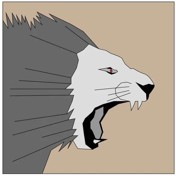 Cabeza de ilustración vectorial de un león rugiente en tonos blanco y negro con un ojo rojo sobre un fondo marrón claro — Archivo Imágenes Vectoriales
