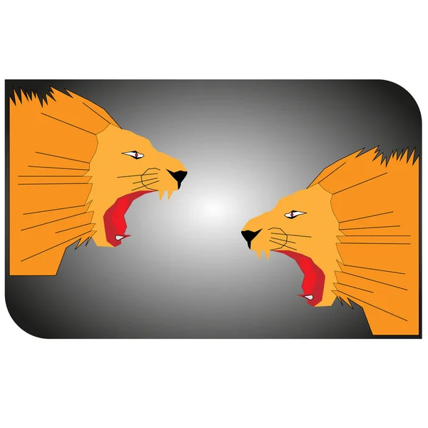 Vektoros illusztráció kettő fejek narancssárga oroszlán oroszlánok vicsorgó egymásra a szürke gradiens háttér — Stock Vector