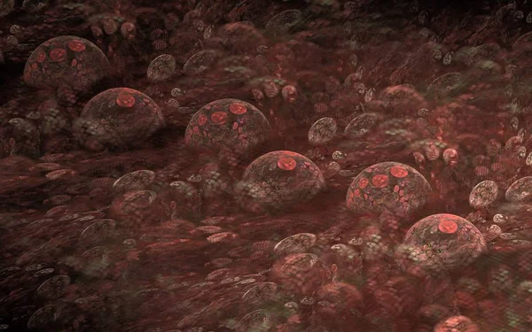 soyut illüstrasyon kırmızı tonlar kaotik rakamlar çerçevede bir 3d yarıkürenin