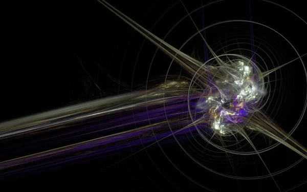 Ilustración de una explosión de energía abstracta con una línea espiral alrededor del epicentro de la explosión y una cola lila sobre un fondo negro — Foto de Stock