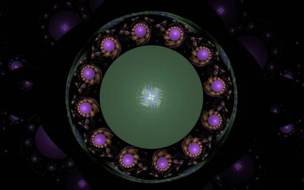 Bild dekorativa runda dekoration med lila cirklar runt en grön cirkel i mitten på en svart bakgrund — Stockfoto