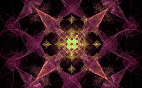 Абстрактне зображення тла у вигляді орнаменту з різних геометричних фігур рожево-жовтого і зеленого на чорному тлі — стокове фото