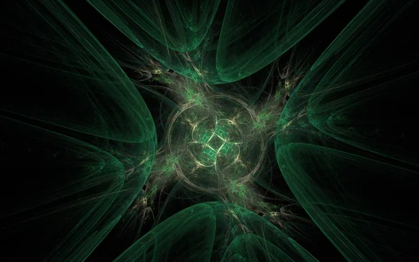 黒の背景に内側の花びら回転センターのある濃い緑の色合いの暗い穴の抽象的なイメージ — ストック写真