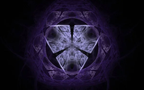 Emblema espacial de flores lila y violeta en forma de círculo con un triángulo en el interior sobre un fondo negro — Foto de Stock