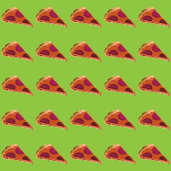 Illustrazione vettoriale pezzi di pizza con salsiccia e formaggio fuso su uno sfondo delicatamente verde — Vettoriale Stock