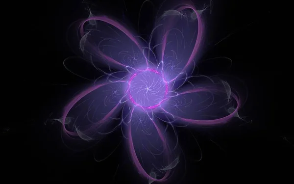 Pink abstract energy flower with five petals and a glowing middle with gray petals around on a black background — Stock Photo, Image