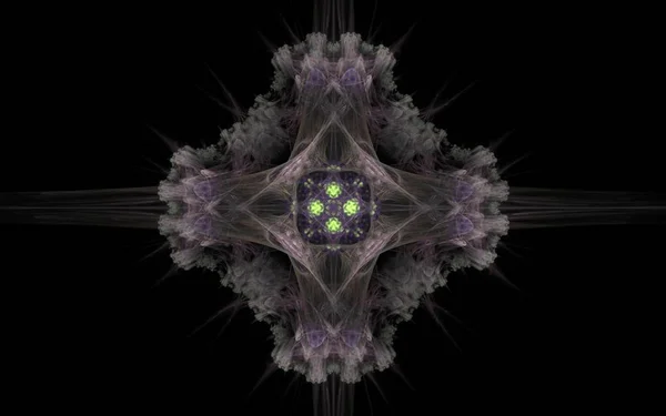 Illustration of an abstract symbol in the form of a snowflake of gray shades with a pattern in the middle with lilac rays on the sides — Stock Photo, Image