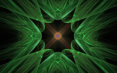 siyah zemin içinde turuncu bir desenli merkezine doğru yakınsak yeşil diken diken şeklinde soyut desen