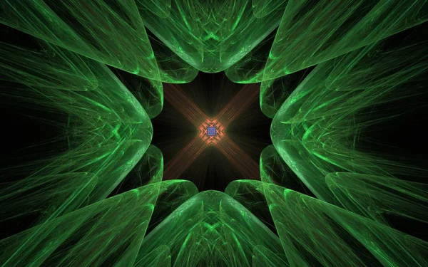 Padrão abstrato na forma de solavancos verdes convergindo para o centro com um padrão laranja dentro de um fundo preto — Fotografia de Stock
