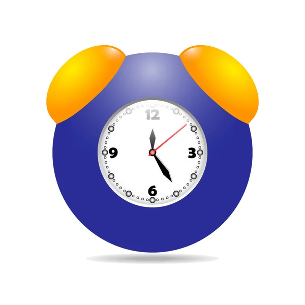 Ícone de imagem vetorial para web e design de computador relógio vívido despertador azul com mostrador branco com tampas amarelas no fundo branco com sombra — Vetor de Stock