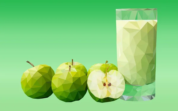 Vector illustration polygonal mosaic of geometric shapes of different colors in the form of green apples with a glass of apple juice on a green gradient background — Stock Vector