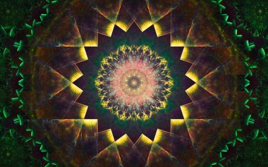 Siyah arka planda farklı renklerde çeşitli geometrik şekillerden oluşan taç yaprakları olan soyut, fantastik bir çiçek.