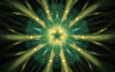 Siyah arka planda farklı renklerde çeşitli geometrik şekillerden oluşan taç yaprakları olan soyut, fantastik bir çiçek.