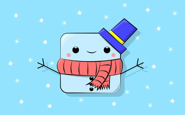 Ilustração vetorial de um boneco de neve em forma de cubo de desenho animado em um chapéu azul com uma faixa amarela e em um lenço vermelho com listras pretas em um fundo de flocos de neve —  Vetores de Stock