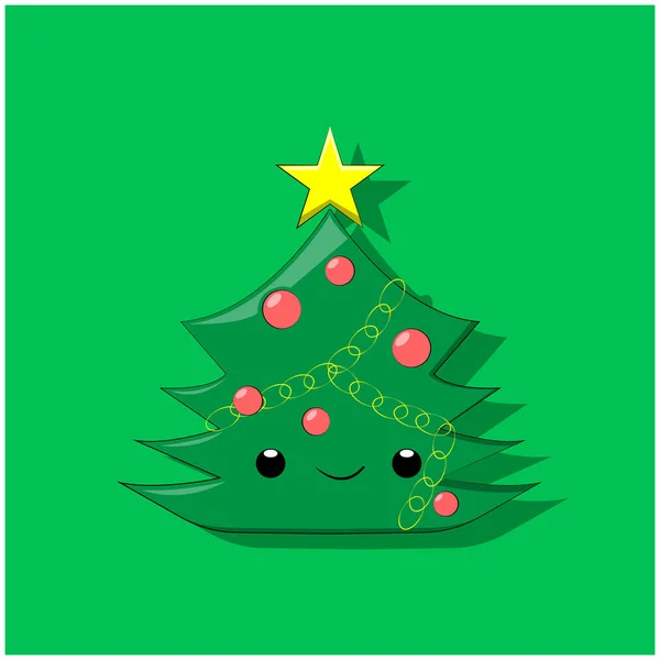 Vector illustration of a cartoon tree of green color with red balls and a garland, and a yellow five-pointed star on the crown on a green background with a shadow — ストックベクタ