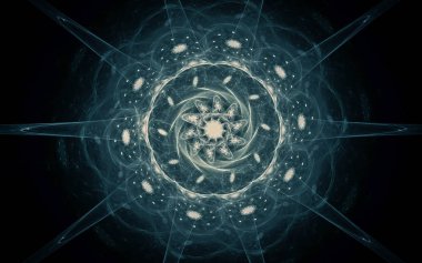 Siyah arka planda farklı renklerde çeşitli geometrik şekillerden oluşan taç yaprakları olan soyut, fantastik bir çiçek.