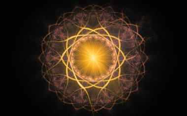 Siyah arka planda farklı renklerde çeşitli geometrik şekillerden oluşan taç yaprakları olan soyut, fantastik bir çiçek.