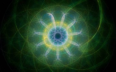 Siyah arka planda farklı renklerde çeşitli geometrik şekillerden oluşan taç yaprakları olan soyut, fantastik bir çiçek.