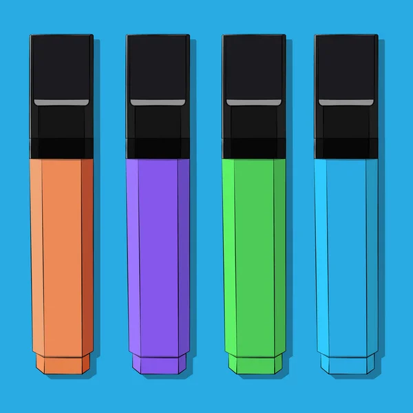 Векторная иллюстрация четырех прямоугольных маркеров оранжевого, фиолетового, зеленого и синего цвета с черными колпачками с черным штрихом на синем фоне, расположенных параллельно крупному плану — стоковый вектор