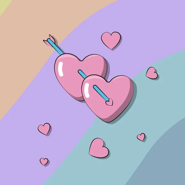 Ilustração vetorial de dois corações rosa perfurados pela seta de Cupido em um fundo listrado colorido com pequenos corações ao redor — Vetor de Stock