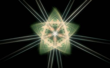 Siyah zemin üzerinde birçok ışınlar bulunan fantastik bir yıldızın soyut çizimi