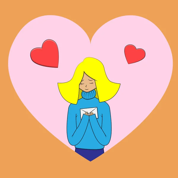 Ilustración vectorial de una niña de cintura alta con el pelo amarillo y un suéter con un sobre en sus manos y corazones rojos por encima de su cabeza sobre un fondo de un gran corazón — Archivo Imágenes Vectoriales