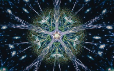 Siyah zemin üzerinde birçok ışınlar bulunan fantastik bir yıldızın soyut çizimi.