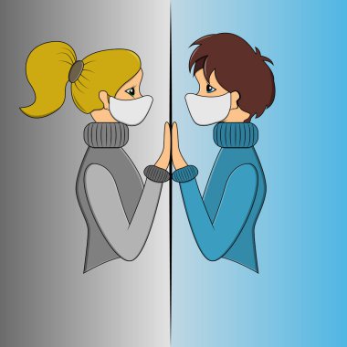 Tıbbi maskelerde Coronavirüs enfeksiyonu olan bir erkek ve kızın vektörel çizimi eğimli bir arka planda camla ayrılmış bir şekilde birbirlerine dönük..