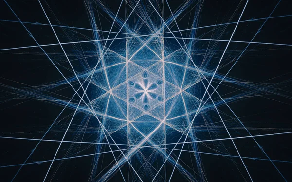 Siyah arka planda farklı renklerde çeşitli geometrik şekillerden oluşan taç yaprakları olan soyut, fantastik bir çiçek..