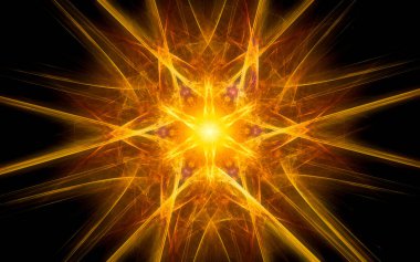 Siyah zemin üzerinde birçok ışınlar bulunan fantastik bir yıldızın soyut çizimi.