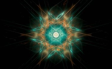 Siyah arka planda farklı renklerde çeşitli geometrik şekillerden oluşan taç yaprakları olan soyut, fantastik bir çiçek..