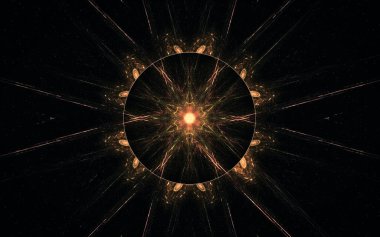 Siyah zemin üzerinde birçok ışınlar bulunan fantastik bir yıldızın soyut çizimi.