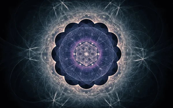 Siyah arka planda farklı renklerde çeşitli geometrik şekillerden oluşan taç yaprakları olan soyut, fantastik bir çiçek..