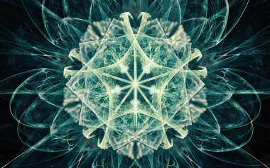 Siyah arka planda farklı renklerde çeşitli geometrik şekillerden oluşan taç yaprakları olan soyut, fantastik bir çiçek..