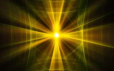 Siyah zemin üzerinde birçok ışınlar bulunan fantastik bir yıldızın soyut çizimi.