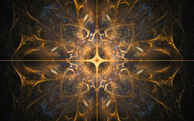 Siyah zemin üzerinde birçok ışınlar bulunan fantastik bir yıldızın soyut çizimi.