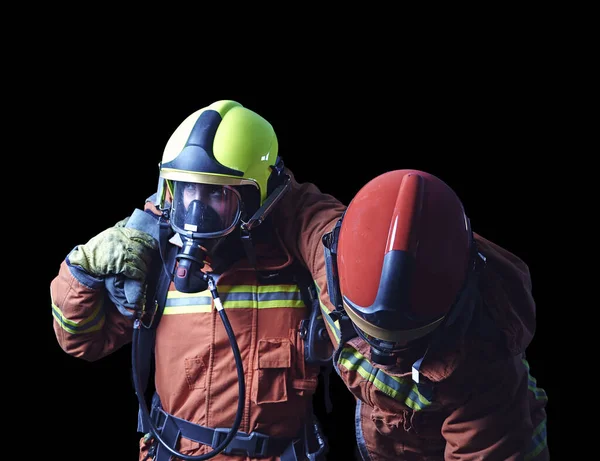 Una Pareja Bomberos Que Asisten Una Emergencia Apoyándose Mutuamente Con — Foto de Stock