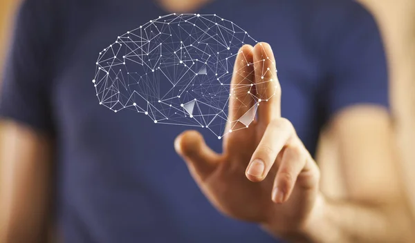 Joven Empresario Tocando Cerebro Humano — Foto de Stock