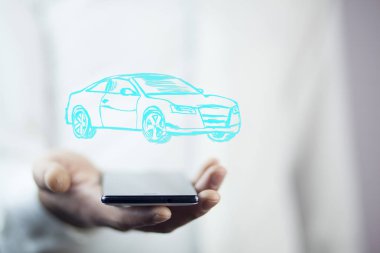 işadamı ile telefon ile araba simgesi üzerinde 