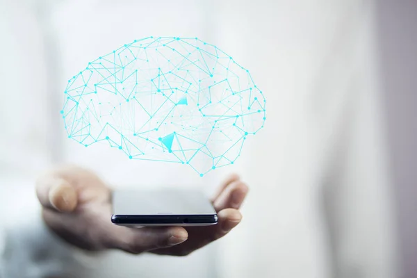 Mano Del Hombre Con Teléfono Icono Del Cerebro —  Fotos de Stock