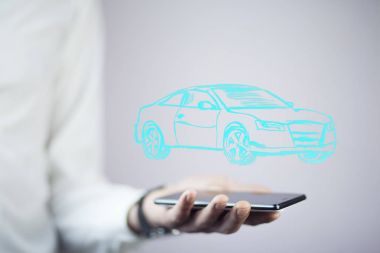 işadamı ile telefon ile araba simgesi üzerinde 