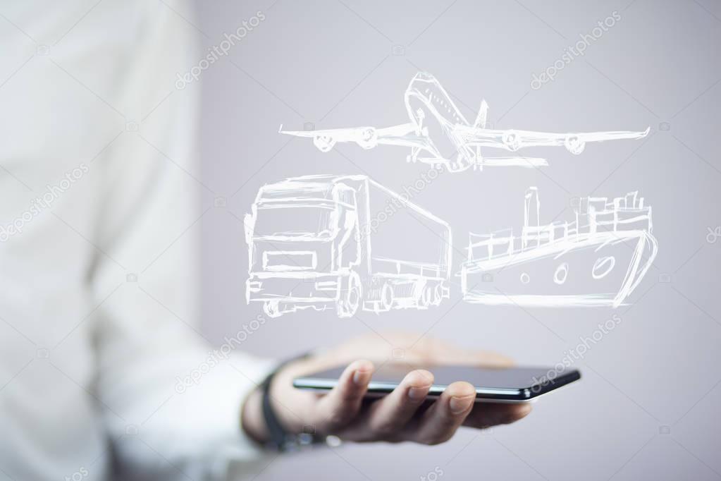 man holding smartphone with  transport icon 