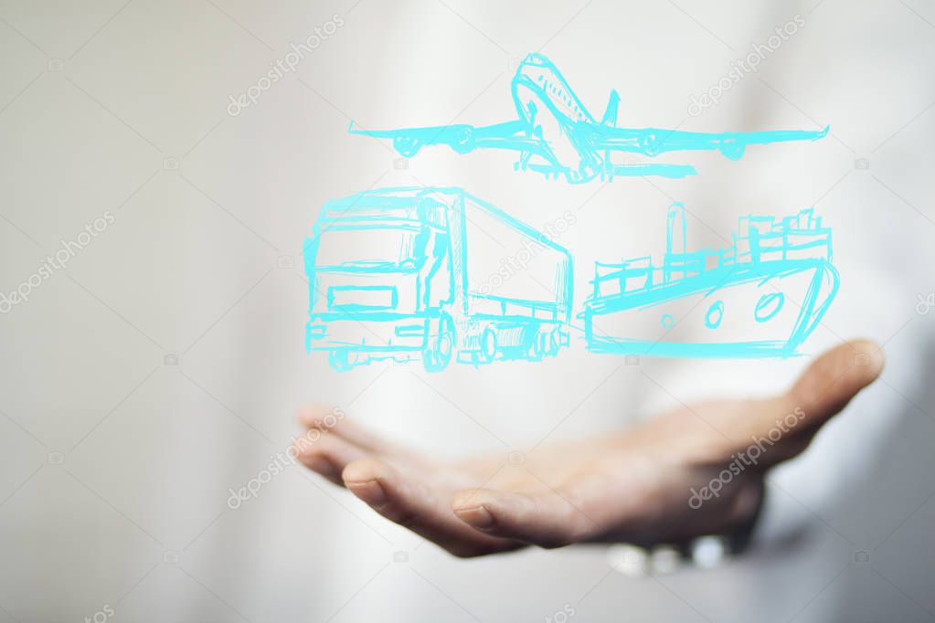 man's  hand with  transport icon, close up