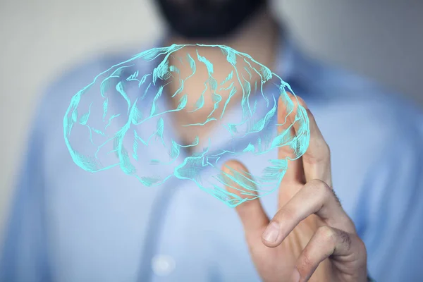 Mano Del Hombre Tocando Icono Del Cerebro — Foto de Stock