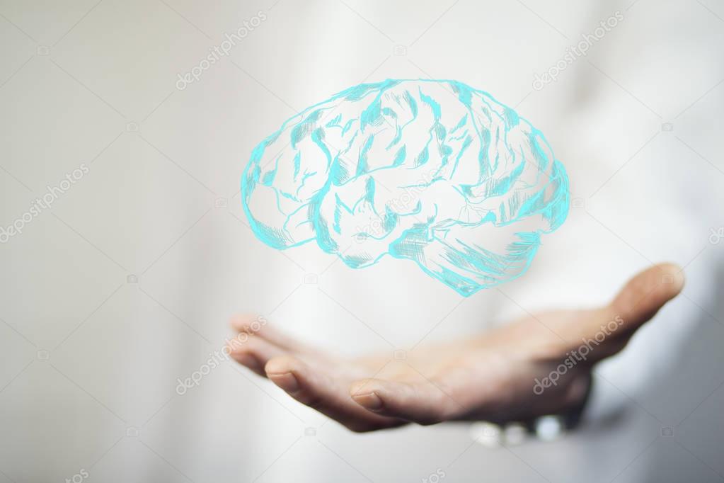 male  hand  with brain icon. Cncept
